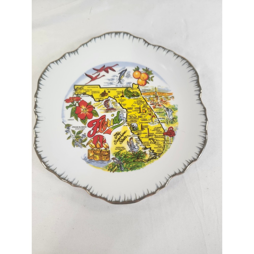 Vintage Florida Souvenir Plate The Sunshine State Map Scalloped Silver Trim‎